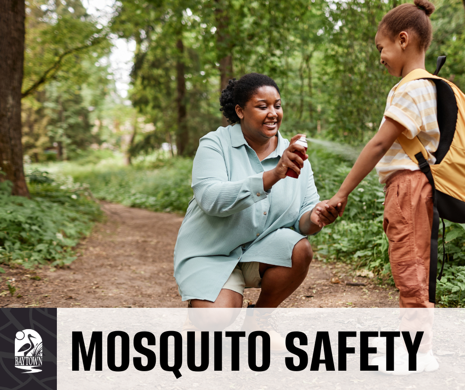 Mosquito safety Newsflash graphic. Parent protecting child from mosquitos pictured