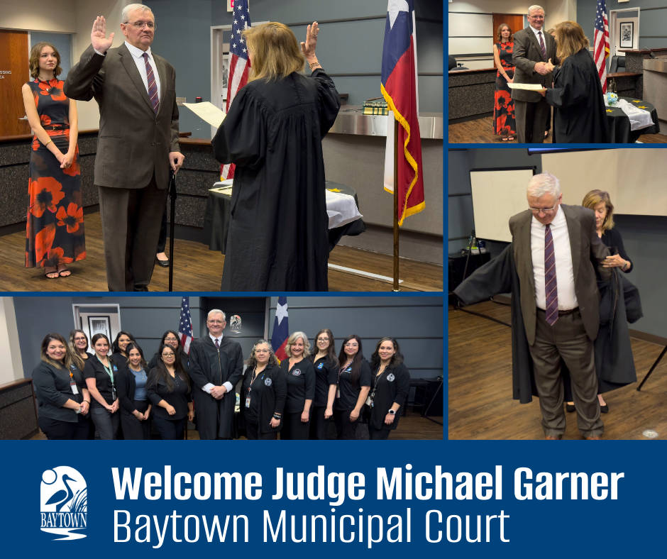 Judge Michael Garner is shown being sworn in in a picture collage of judge, his team, city officials