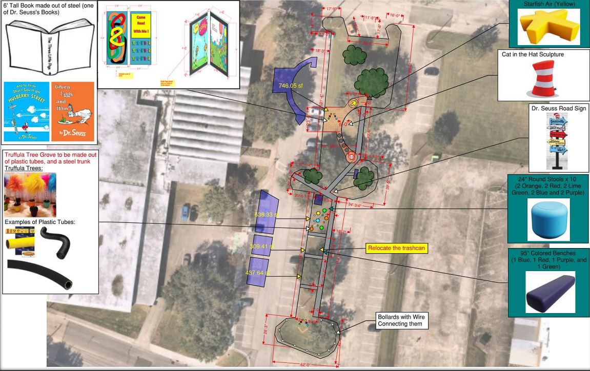 Library Book Trail design including new sidewalks benches and Dr Seuss themed sculptures.