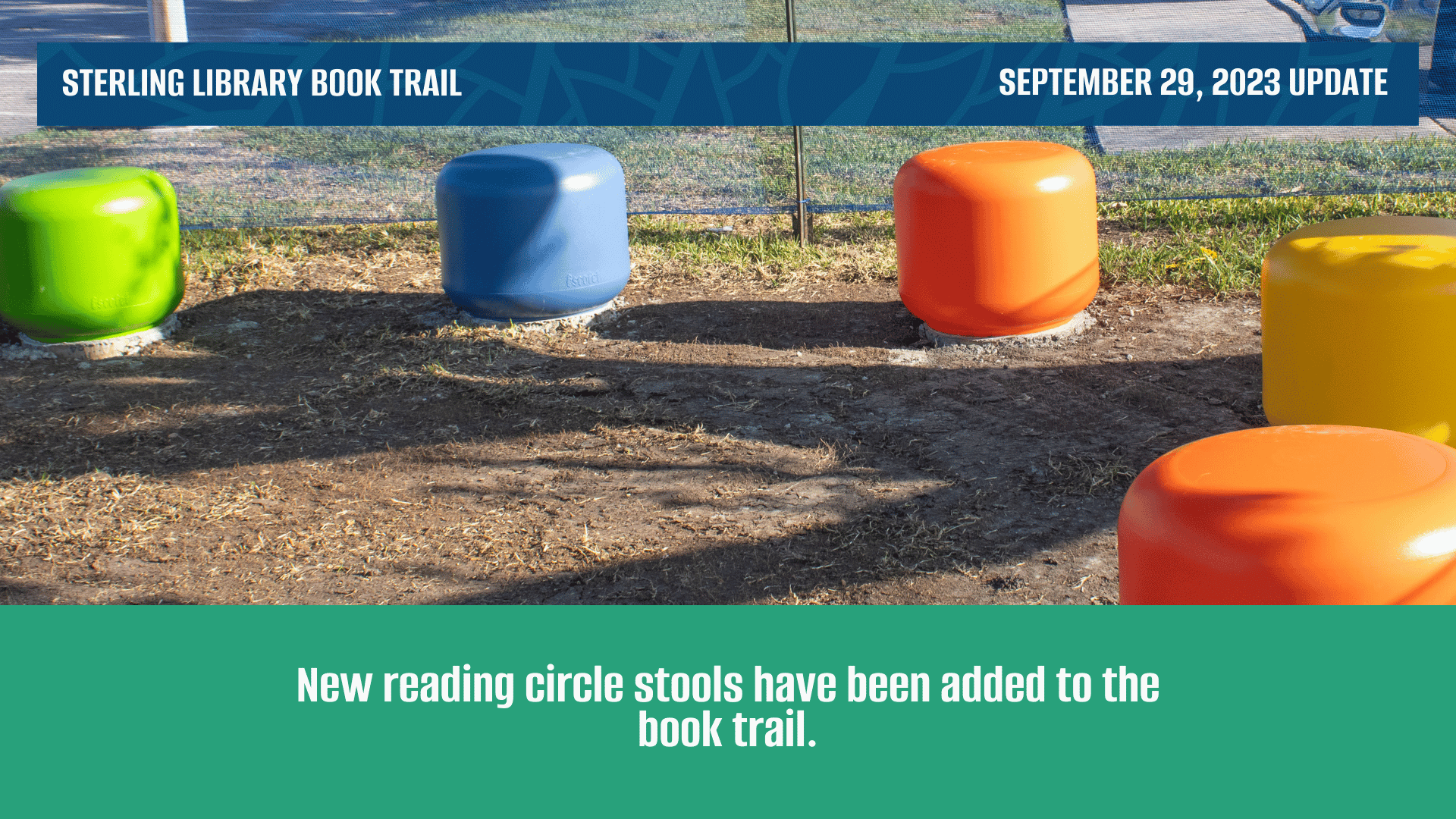 New colorful outdoor seats arranged in a semi-circle.