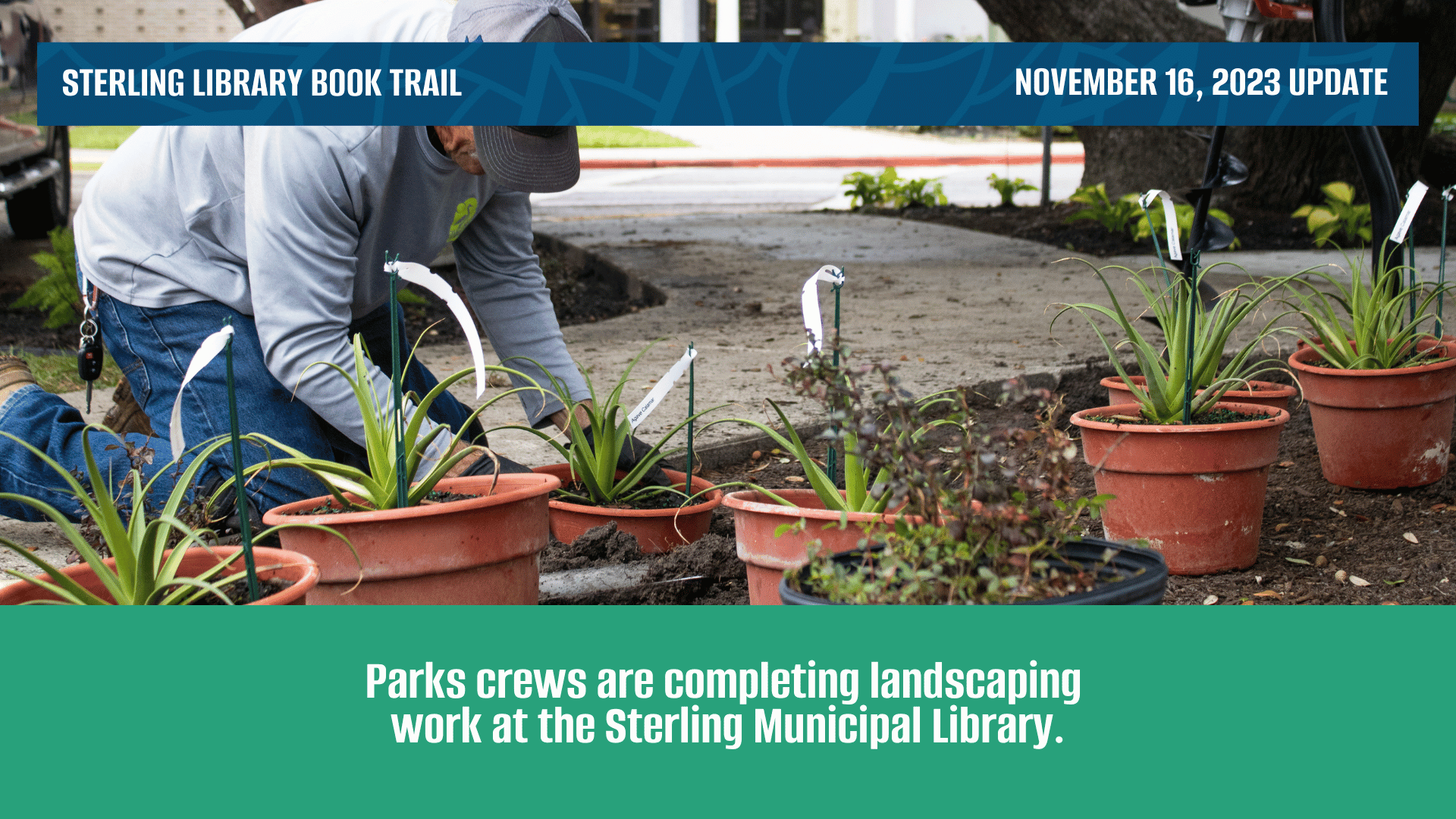Baytown parks worker doing landscape work in front of the library 